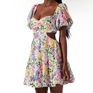 ASTR Floral Puff Sleeve Backless Cutout Mini Dress size large